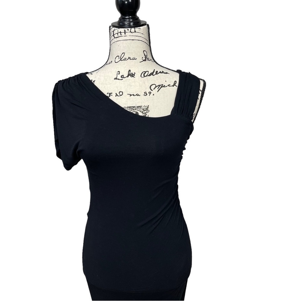 Bebe LBD One Shoulder Sexy Bodycon Asymmetrical Dress Size XS in Black - Picture 4 of 11